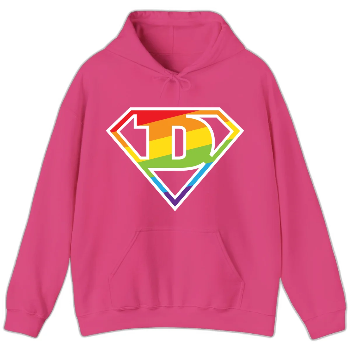 Rainbow pride shield with letter D centered, featuring red, orange, yellow, green, blue, and purple horizontal stripes with white chevron borders in Heliconia