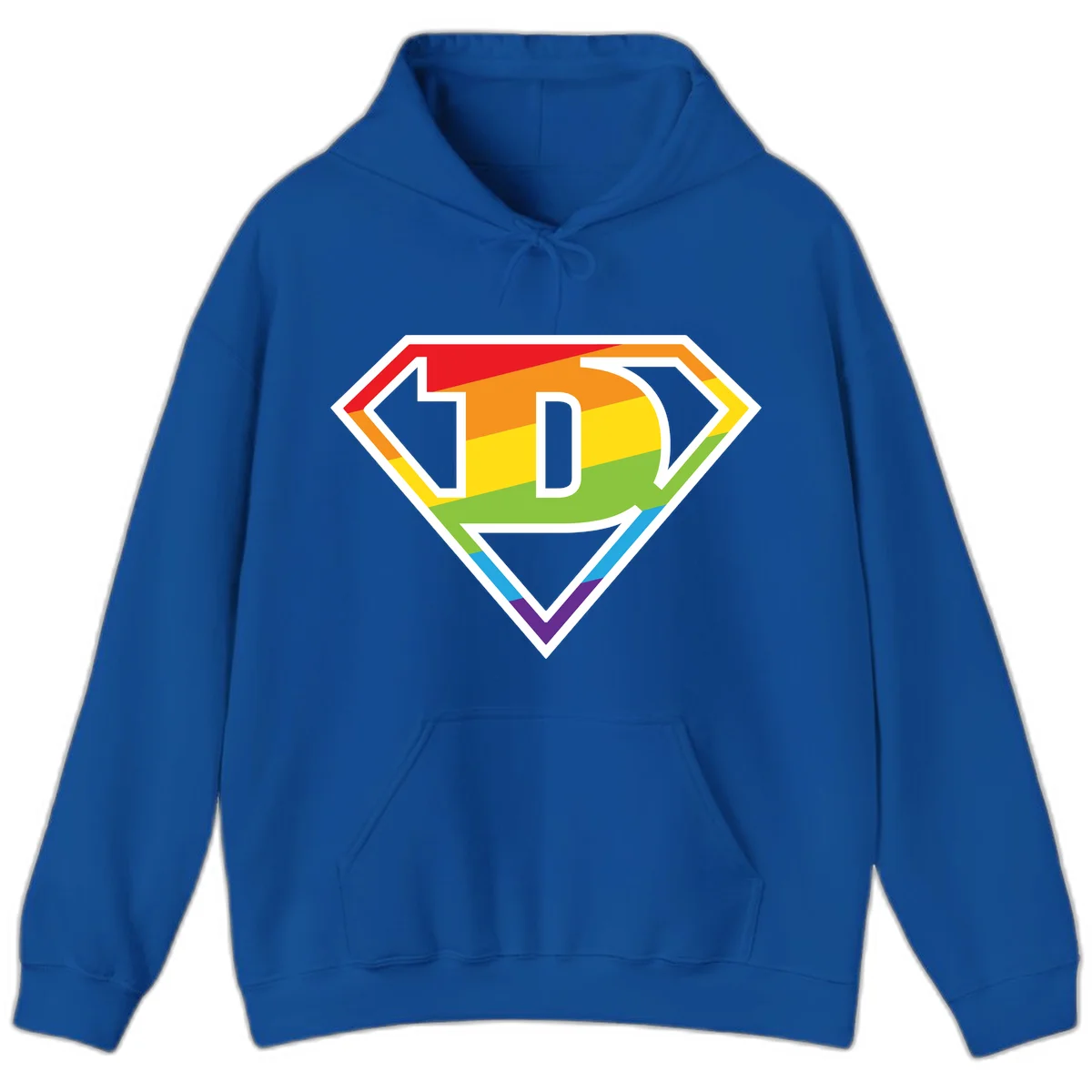 Rainbow pride shield with letter D centered, featuring red, orange, yellow, green, blue, and purple horizontal stripes with white chevron borders in Royal