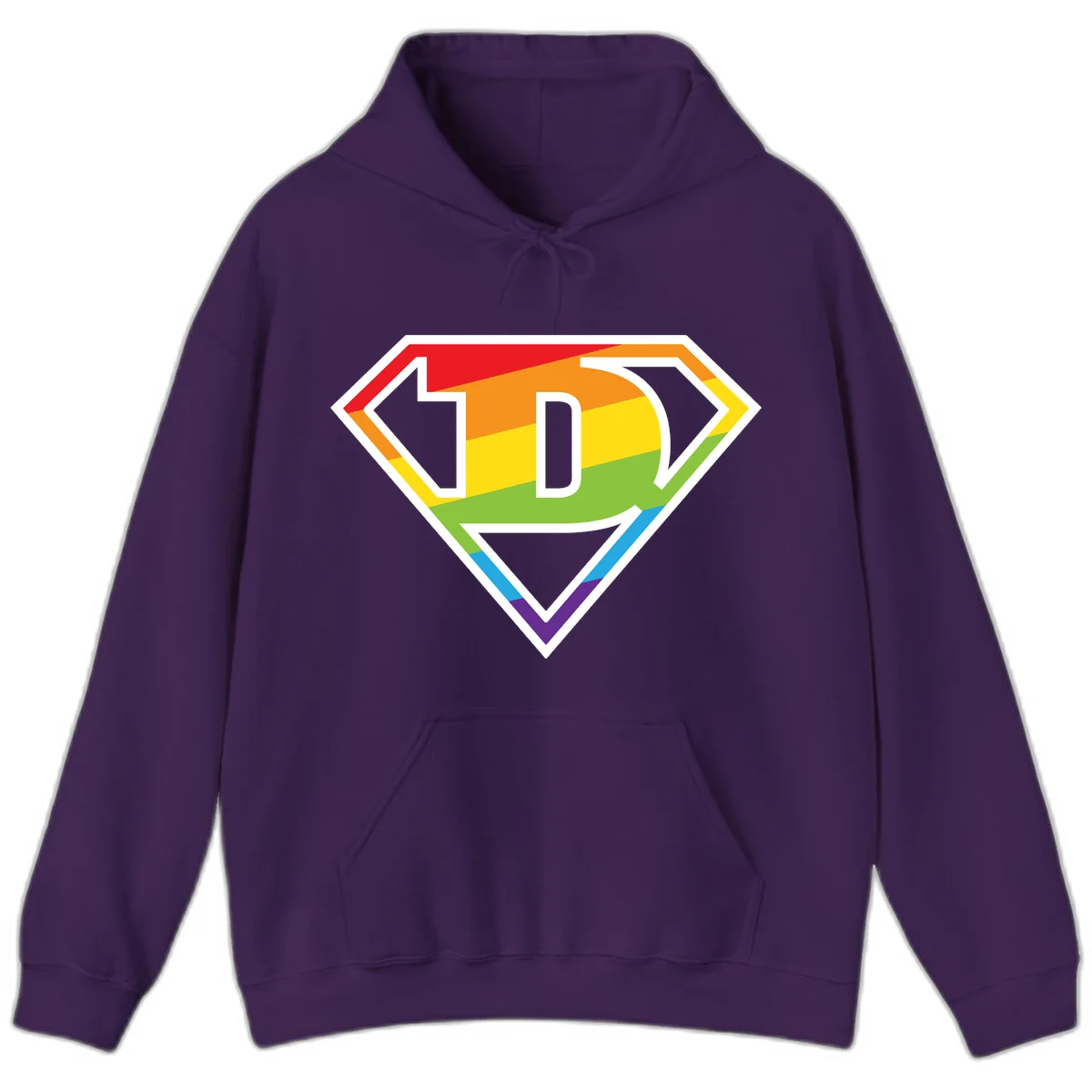 Rainbow pride shield with letter D centered, featuring red, orange, yellow, green, blue, and purple horizontal stripes with white chevron borders in Purple