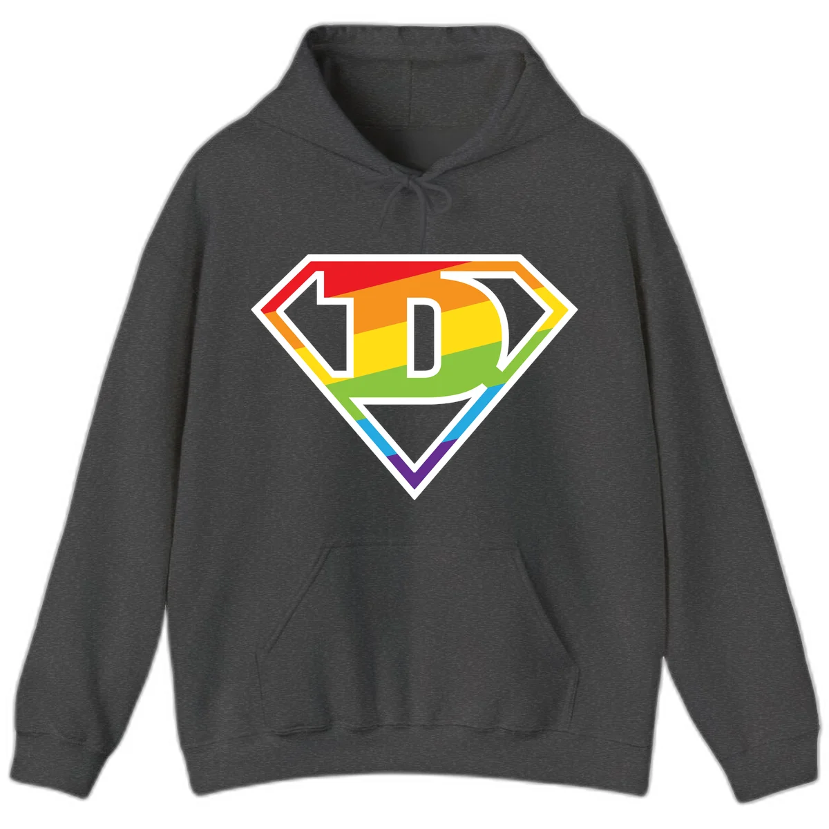 Rainbow pride shield with letter D centered, featuring red, orange, yellow, green, blue, and purple horizontal stripes with white chevron borders in Dark Heather