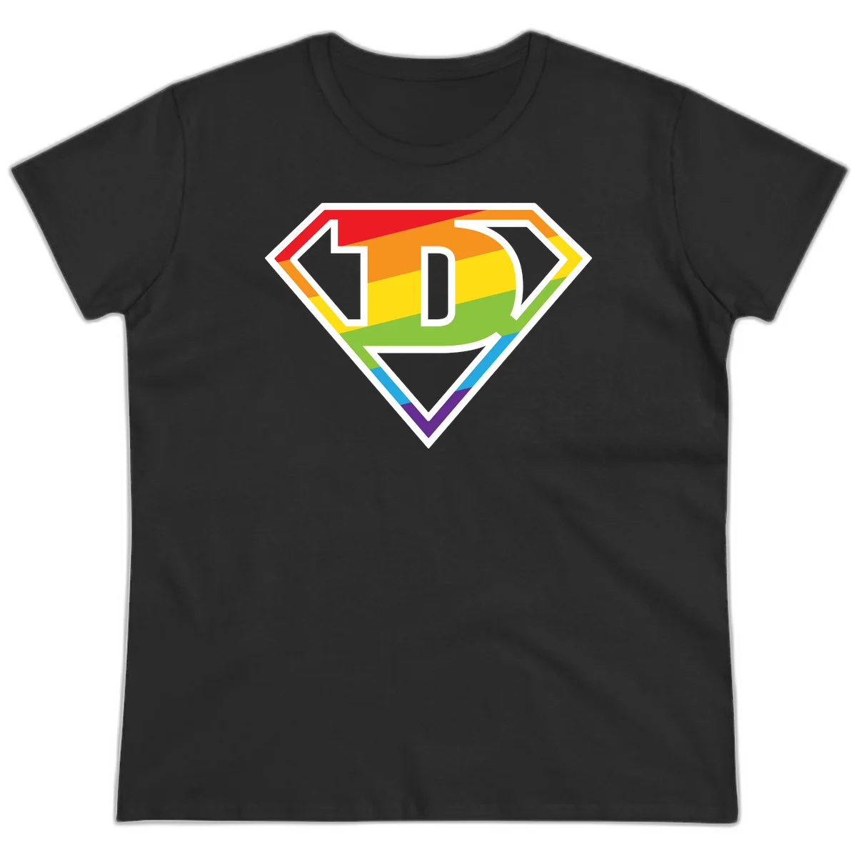 Rainbow pride shield with letter D centered, featuring red, orange, yellow, green, blue, and purple horizontal stripes with white chevron borders in Black