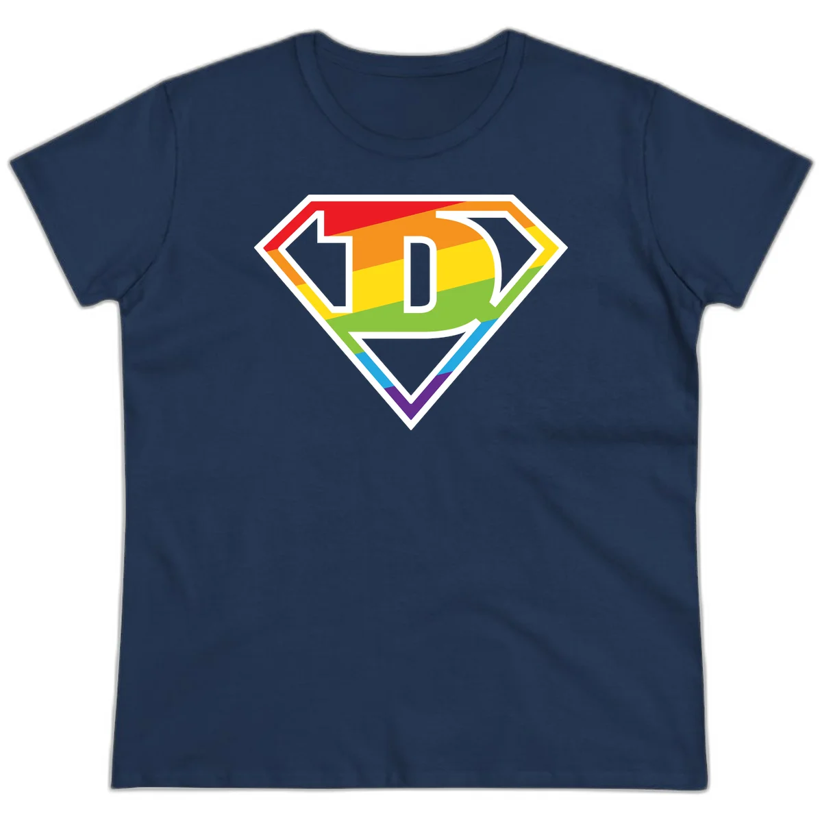 Rainbow pride shield with letter D centered, featuring red, orange, yellow, green, blue, and purple horizontal stripes with white chevron borders in Navy