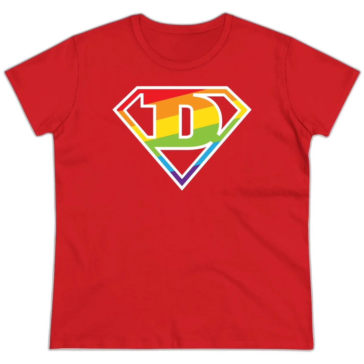Rainbow pride shield with letter D centered, featuring red, orange, yellow, green, blue, and purple horizontal stripes with white chevron borders in Red