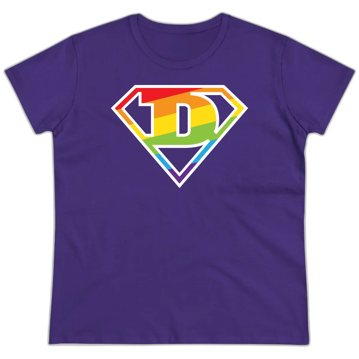 Rainbow pride shield with letter D centered, featuring red, orange, yellow, green, blue, and purple horizontal stripes with white chevron borders in Purple