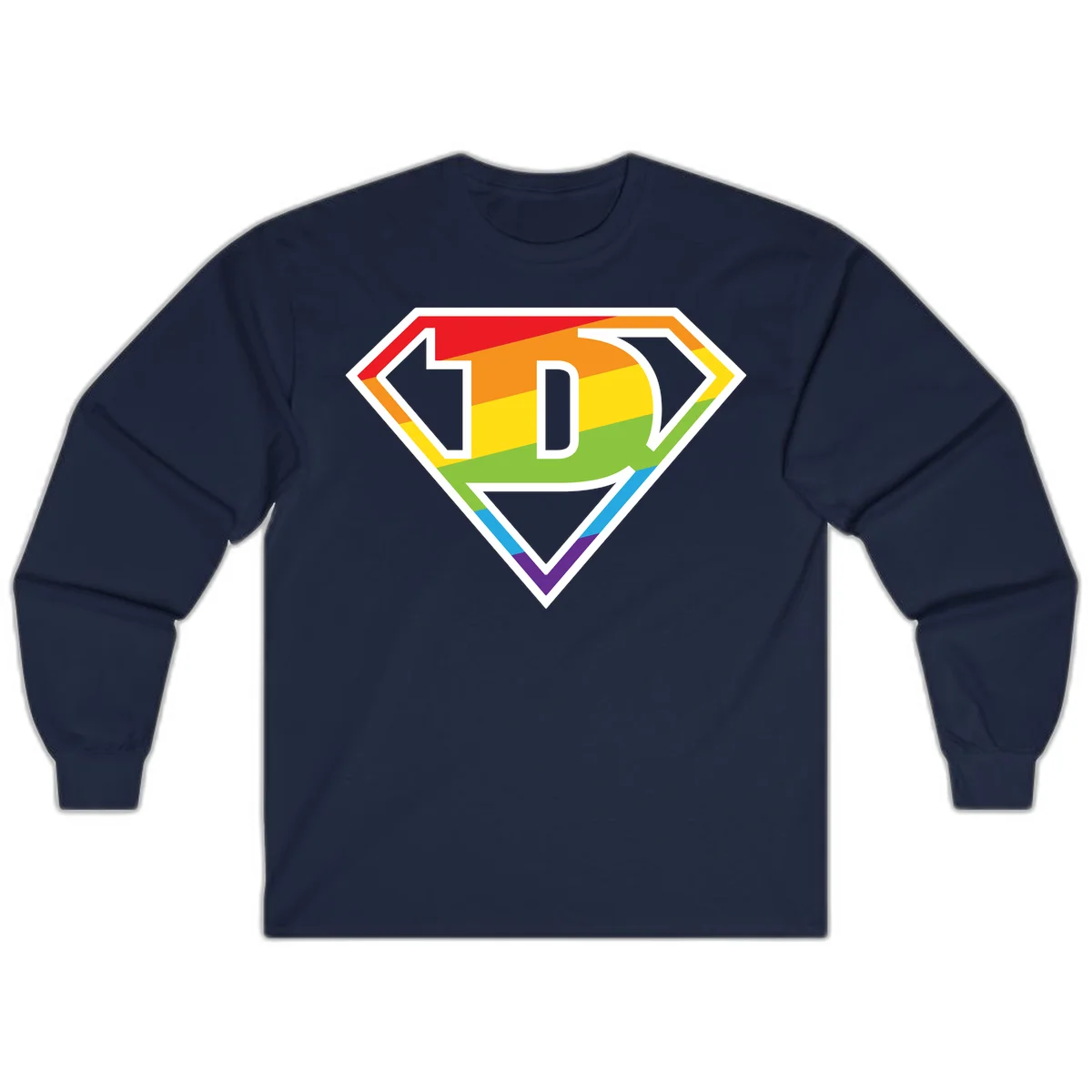 Rainbow pride shield with letter D centered, featuring red, orange, yellow, green, blue, and purple horizontal stripes with white chevron borders in Navy