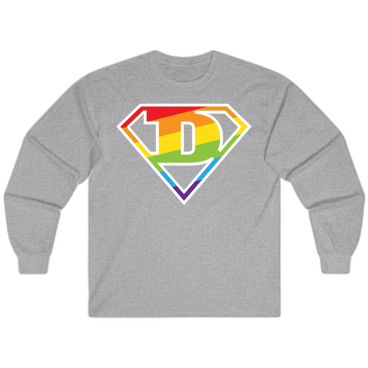 Rainbow pride shield with letter D centered, featuring red, orange, yellow, green, blue, and purple horizontal stripes with white chevron borders in Sport Grey