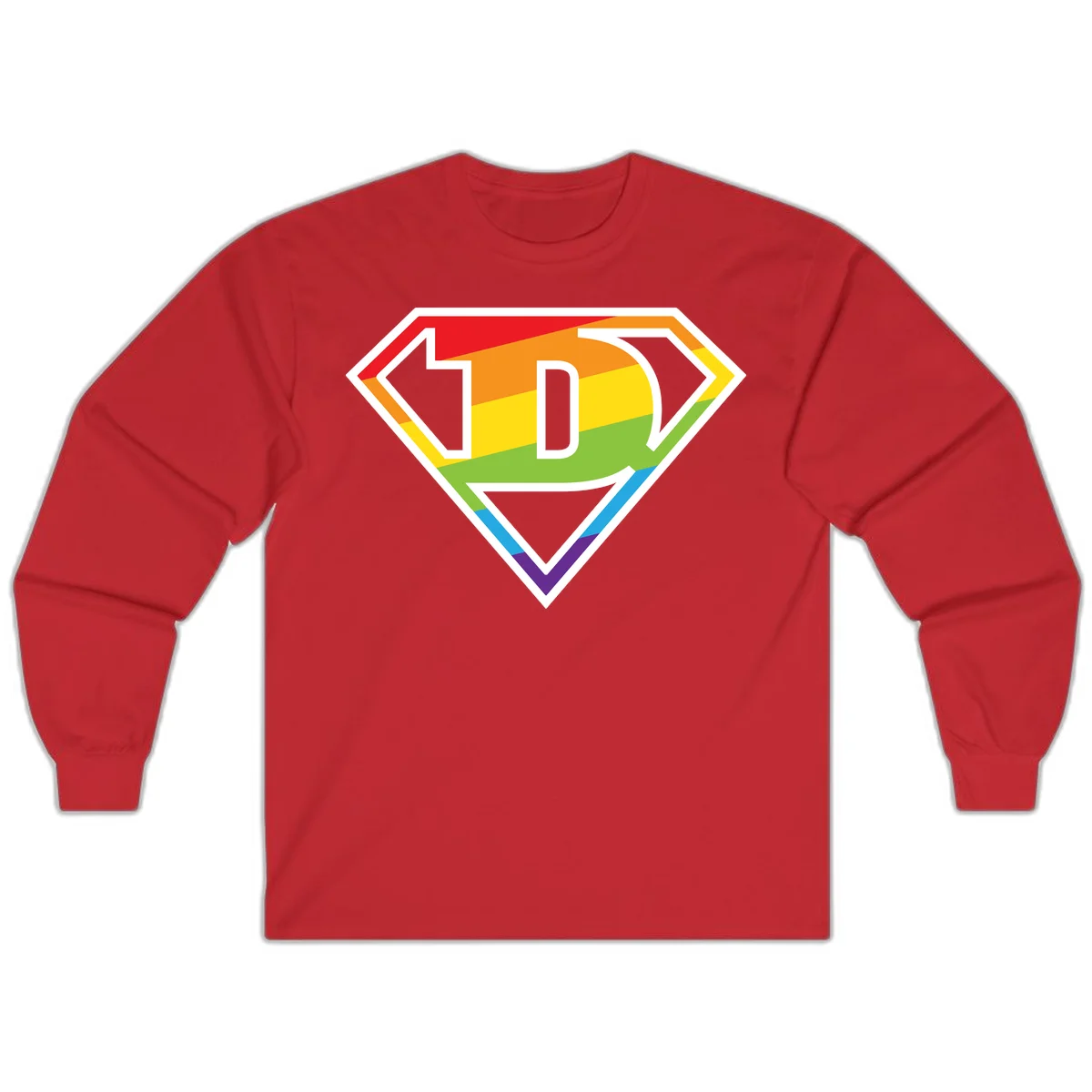 Rainbow pride shield with letter D centered, featuring red, orange, yellow, green, blue, and purple horizontal stripes with white chevron borders in Red