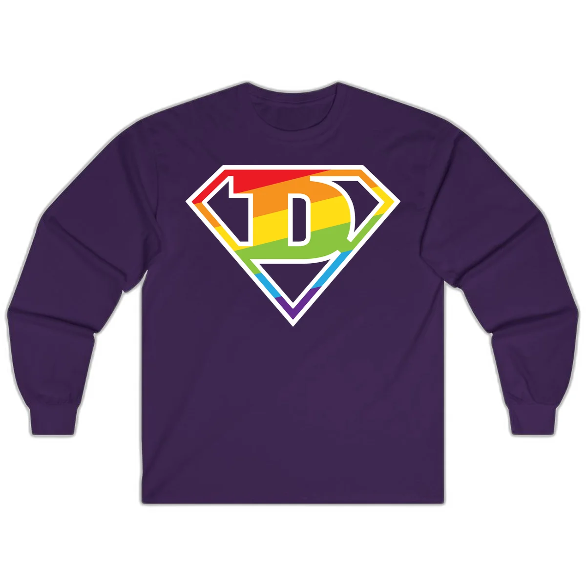 Rainbow pride shield with letter D centered, featuring red, orange, yellow, green, blue, and purple horizontal stripes with white chevron borders in Purple