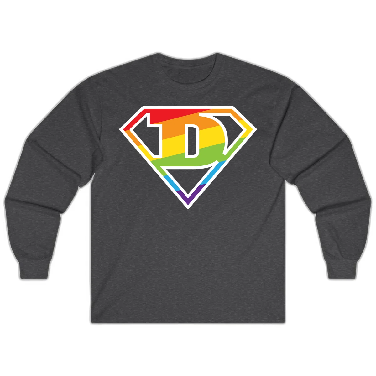 Rainbow pride shield with letter D centered, featuring red, orange, yellow, green, blue, and purple horizontal stripes with white chevron borders in Dark Heather