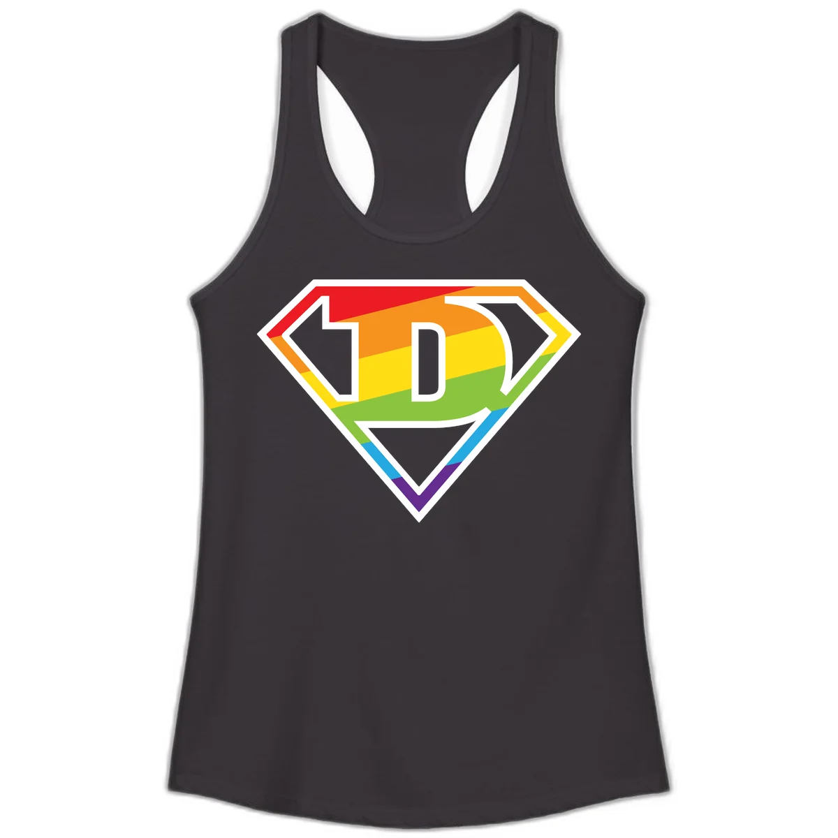 Rainbow pride shield with letter D centered, featuring red, orange, yellow, green, blue, and purple horizontal stripes with white chevron borders in Black