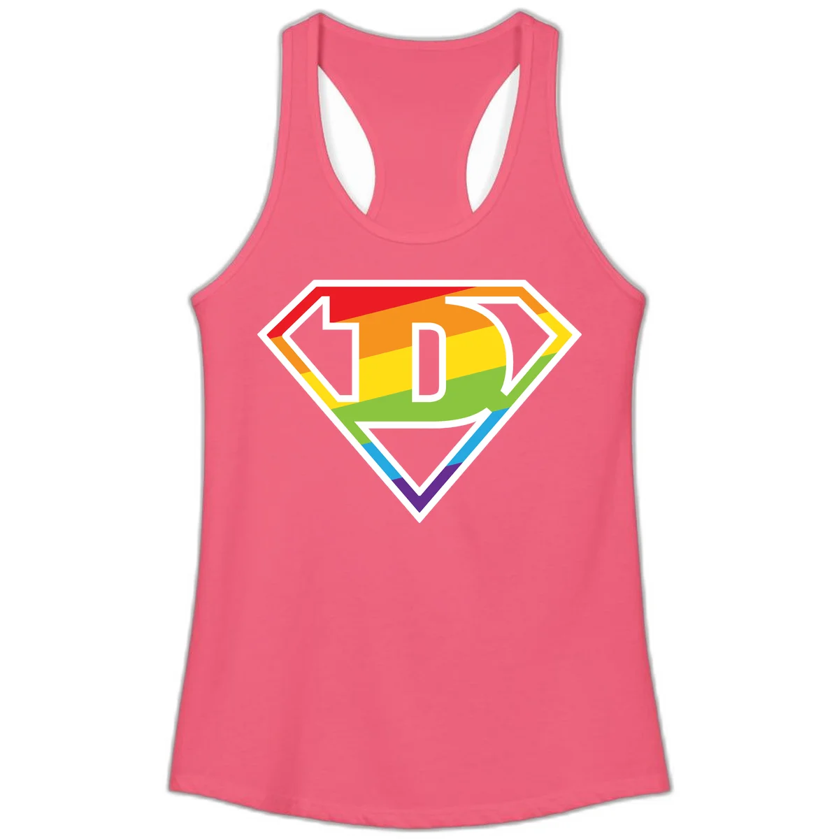 Rainbow pride shield with letter D centered, featuring red, orange, yellow, green, blue, and purple horizontal stripes with white chevron borders in Hot Pink