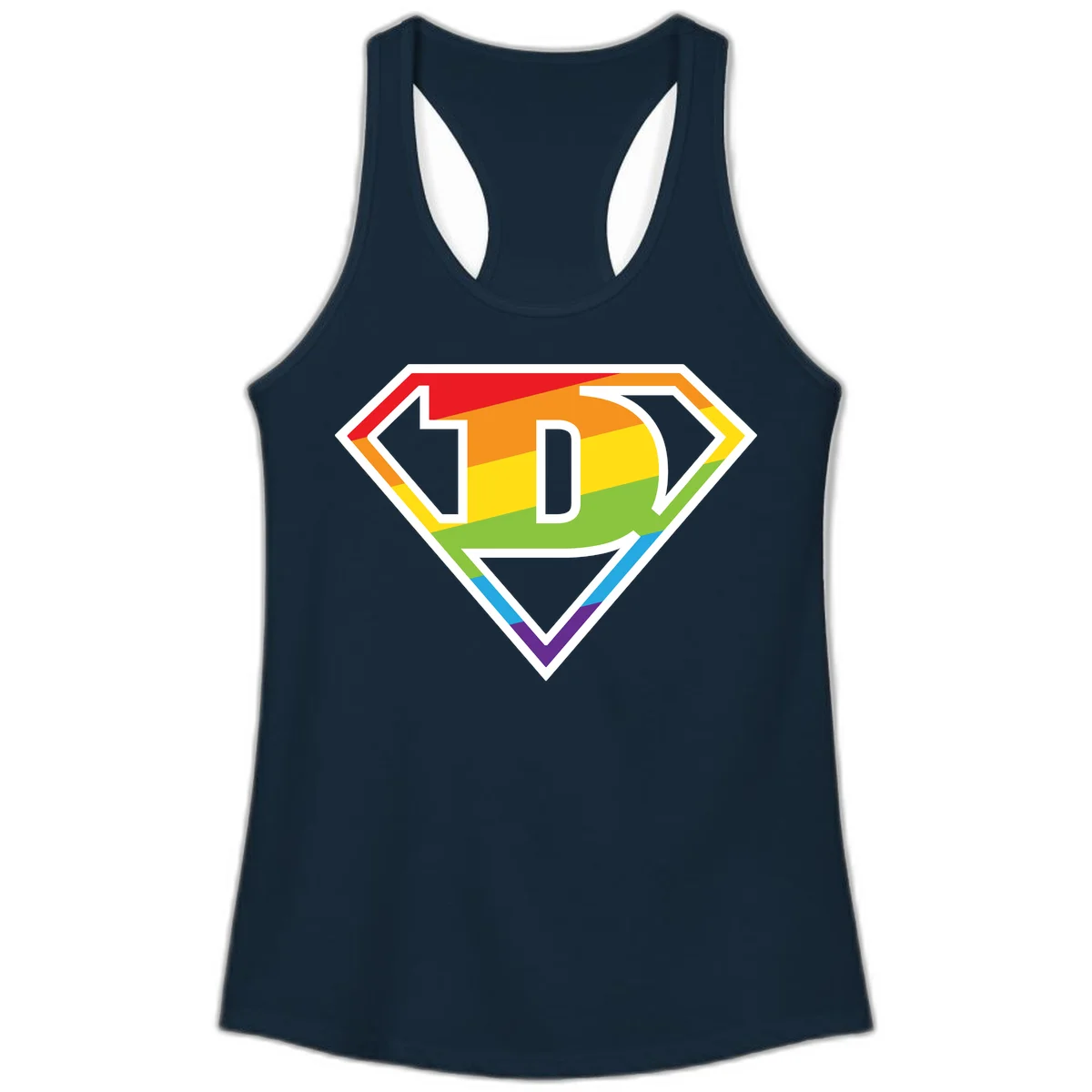 Rainbow pride shield with letter D centered, featuring red, orange, yellow, green, blue, and purple horizontal stripes with white chevron borders in Solid Midnight Navy