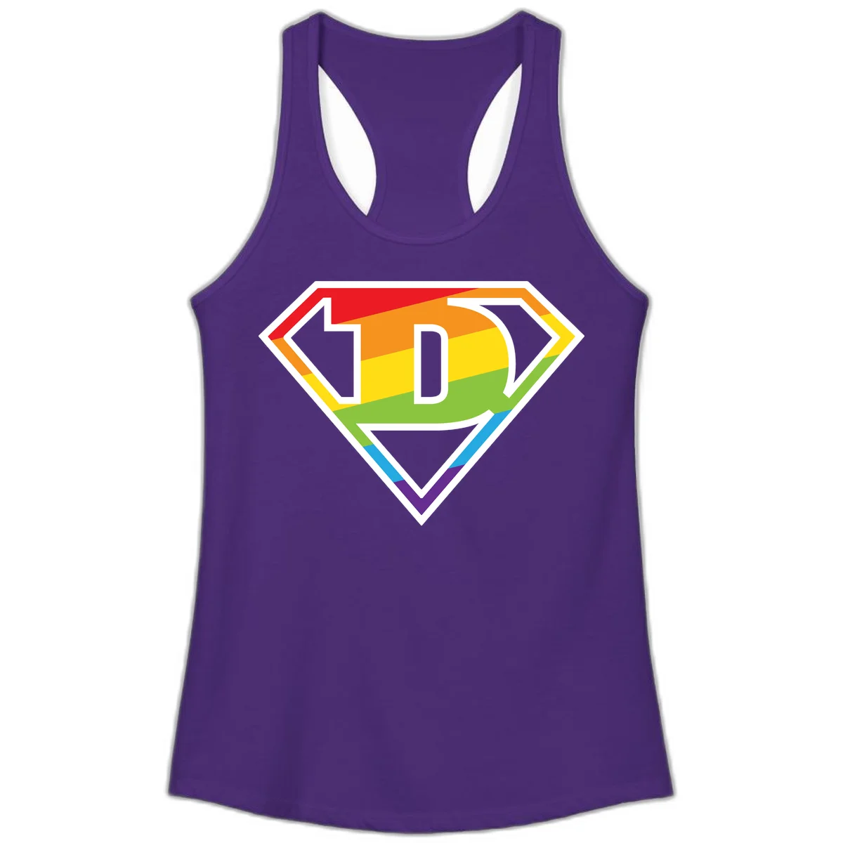 Rainbow pride shield with letter D centered, featuring red, orange, yellow, green, blue, and purple horizontal stripes with white chevron borders in Solid Purple Rush