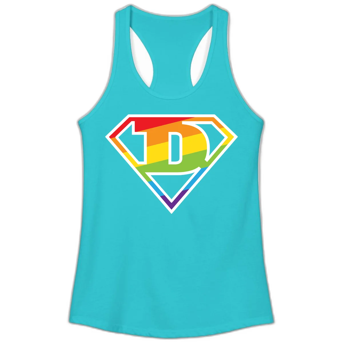 Rainbow pride shield with letter D centered, featuring red, orange, yellow, green, blue, and purple horizontal stripes with white chevron borders in Solid Tahiti Blue