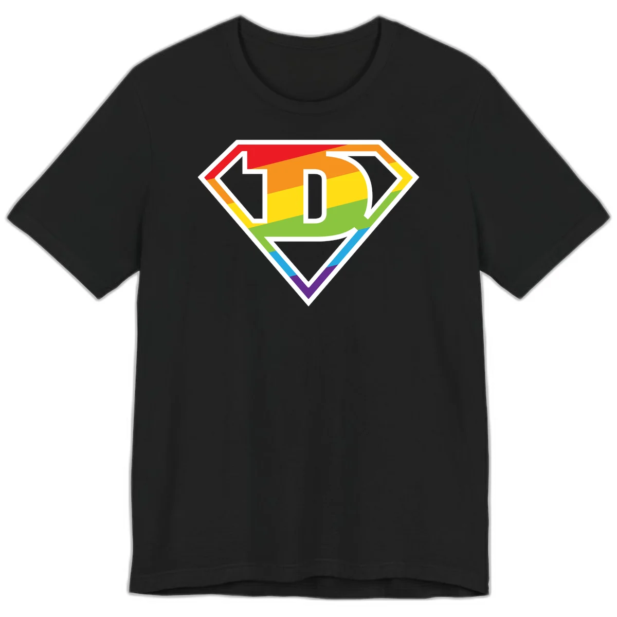 Rainbow pride shield with letter D centered, featuring red, orange, yellow, green, blue, and purple horizontal stripes with white chevron borders in Black