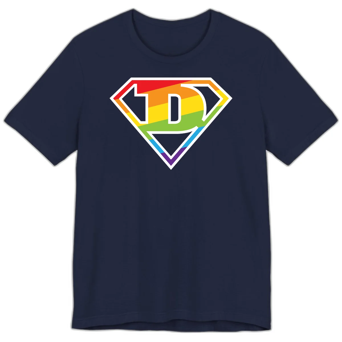 Rainbow pride shield with letter D centered, featuring red, orange, yellow, green, blue, and purple horizontal stripes with white chevron borders in Navy