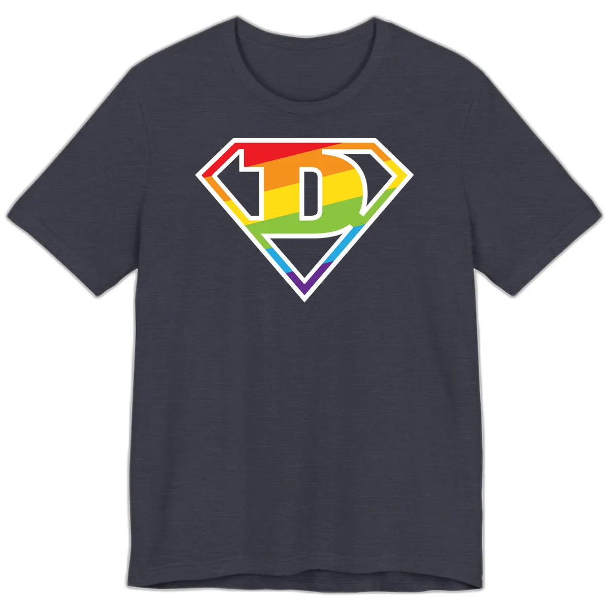 Rainbow pride shield with letter D centered, featuring red, orange, yellow, green, blue, and purple horizontal stripes with white chevron borders in Heather Midnight Navy