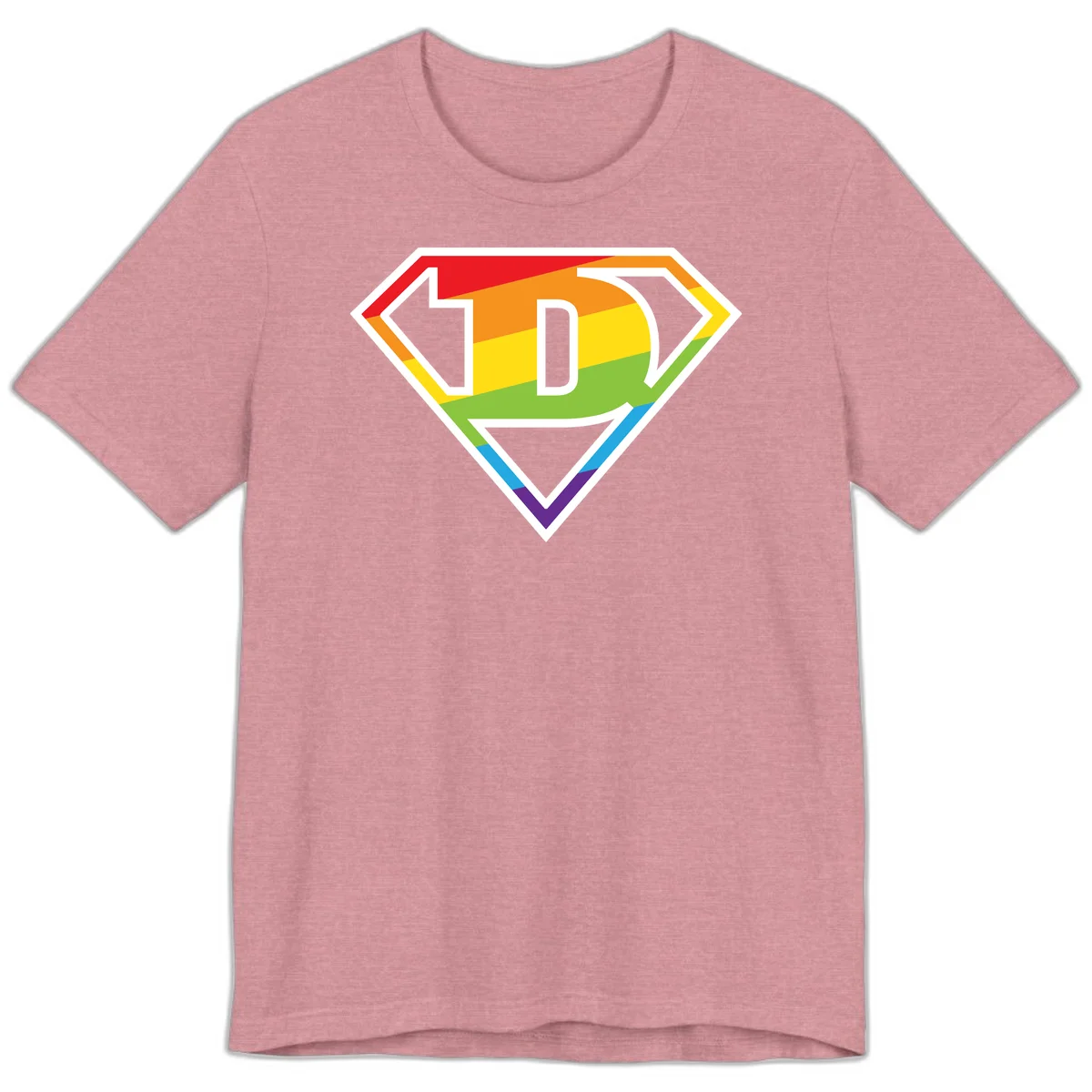 Rainbow pride shield with letter D centered, featuring red, orange, yellow, green, blue, and purple horizontal stripes with white chevron borders in Heather Orchid