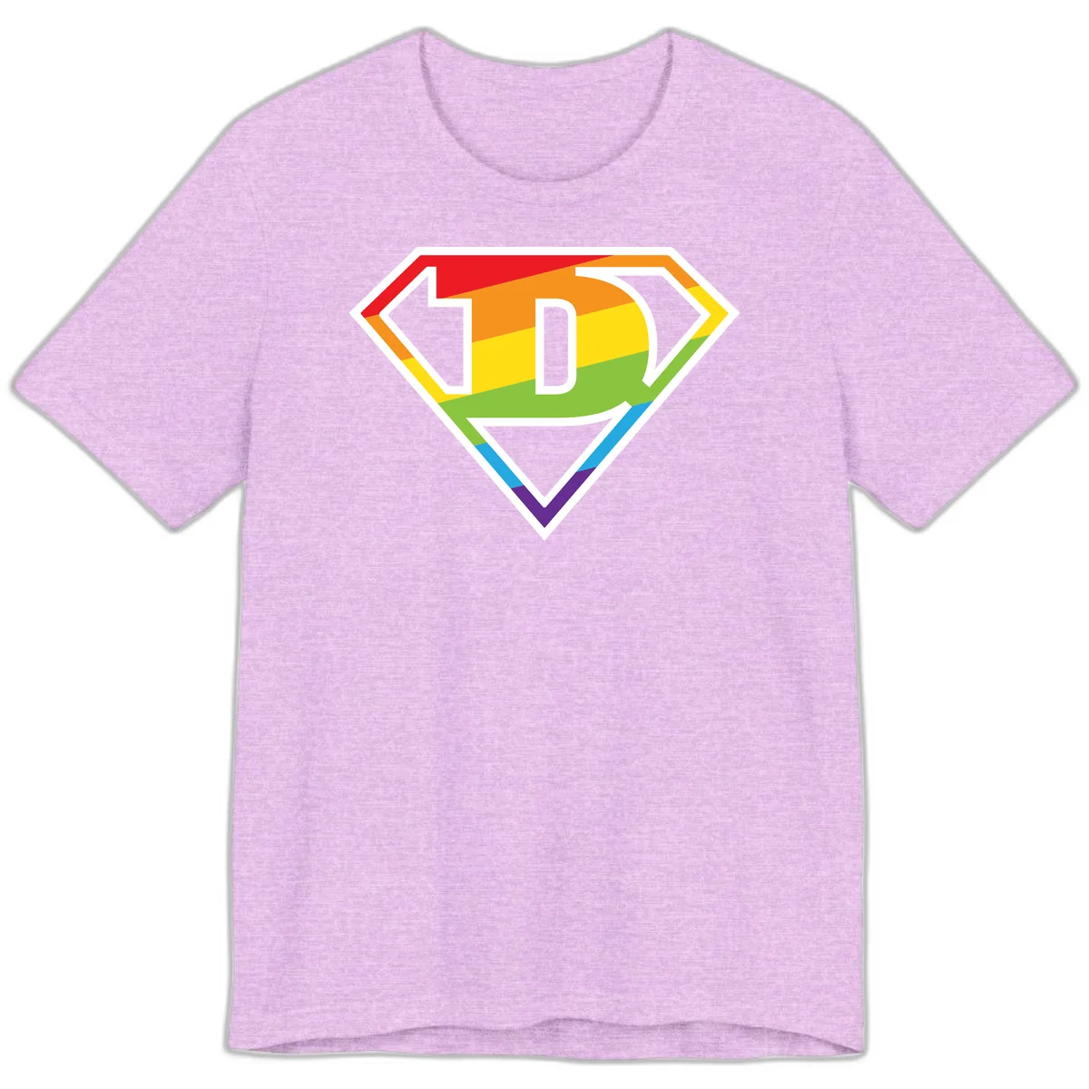 Rainbow pride shield with letter D centered, featuring red, orange, yellow, green, blue, and purple horizontal stripes with white chevron borders in Heather Prism Lilac