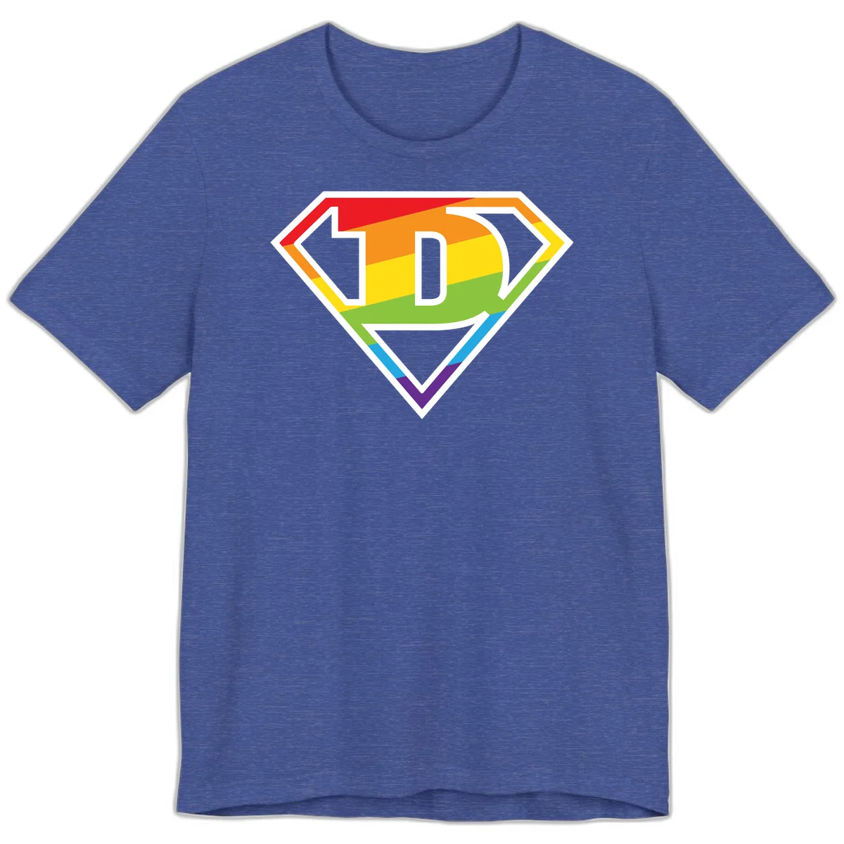 Rainbow pride shield with letter D centered, featuring red, orange, yellow, green, blue, and purple horizontal stripes with white chevron borders in Heather True Royal