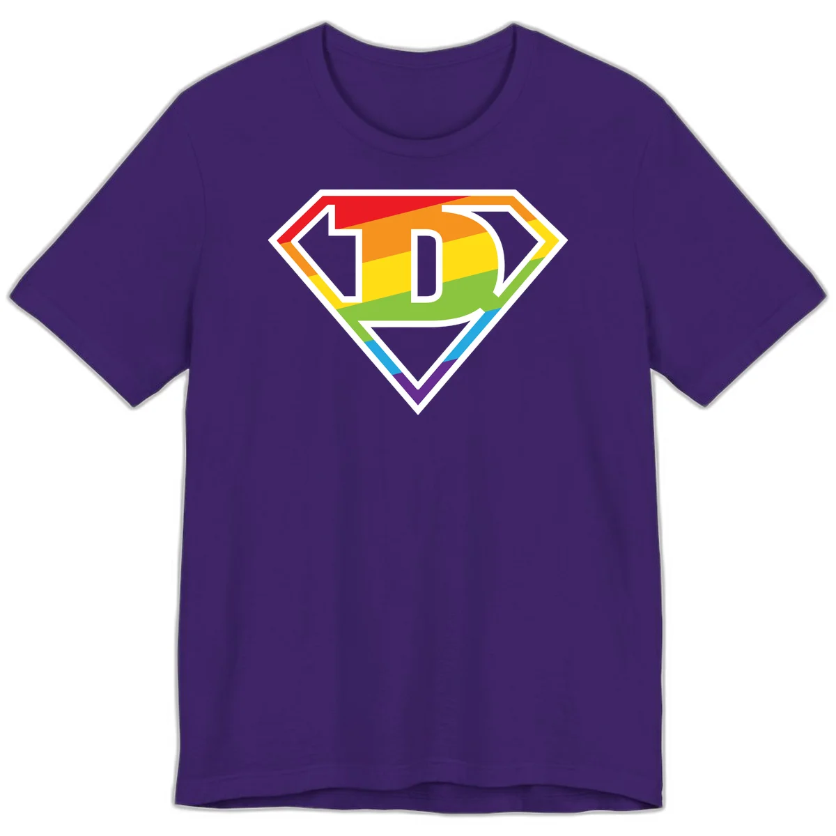 Rainbow pride shield with letter D centered, featuring red, orange, yellow, green, blue, and purple horizontal stripes with white chevron borders in Team Purple
