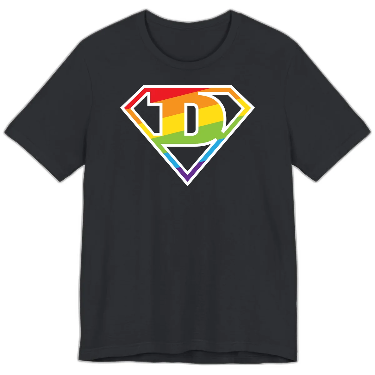 Rainbow pride shield with letter D centered, featuring red, orange, yellow, green, blue, and purple horizontal stripes with white chevron borders in Vintage Black
