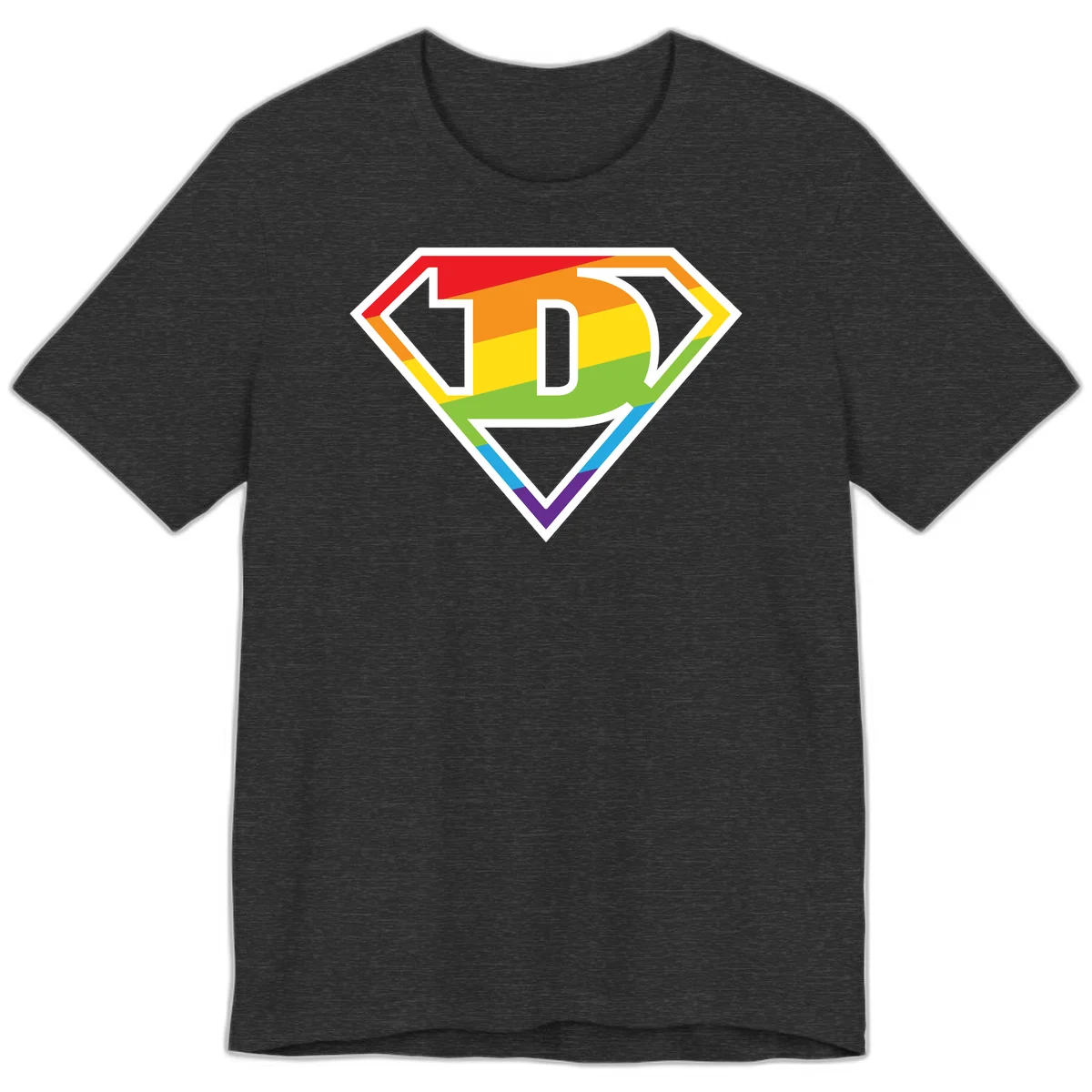 Rainbow pride shield with letter D centered, featuring red, orange, yellow, green, blue, and purple horizontal stripes with white chevron borders in Dark Grey Heather