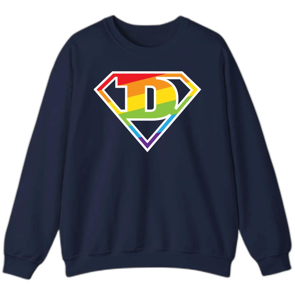 Rainbow pride shield with letter D centered, featuring red, orange, yellow, green, blue, and purple horizontal stripes with white chevron borders in Navy