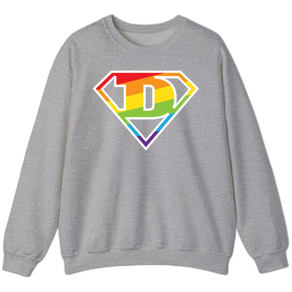 Rainbow pride shield with letter D centered, featuring red, orange, yellow, green, blue, and purple horizontal stripes with white chevron borders in Sport Grey