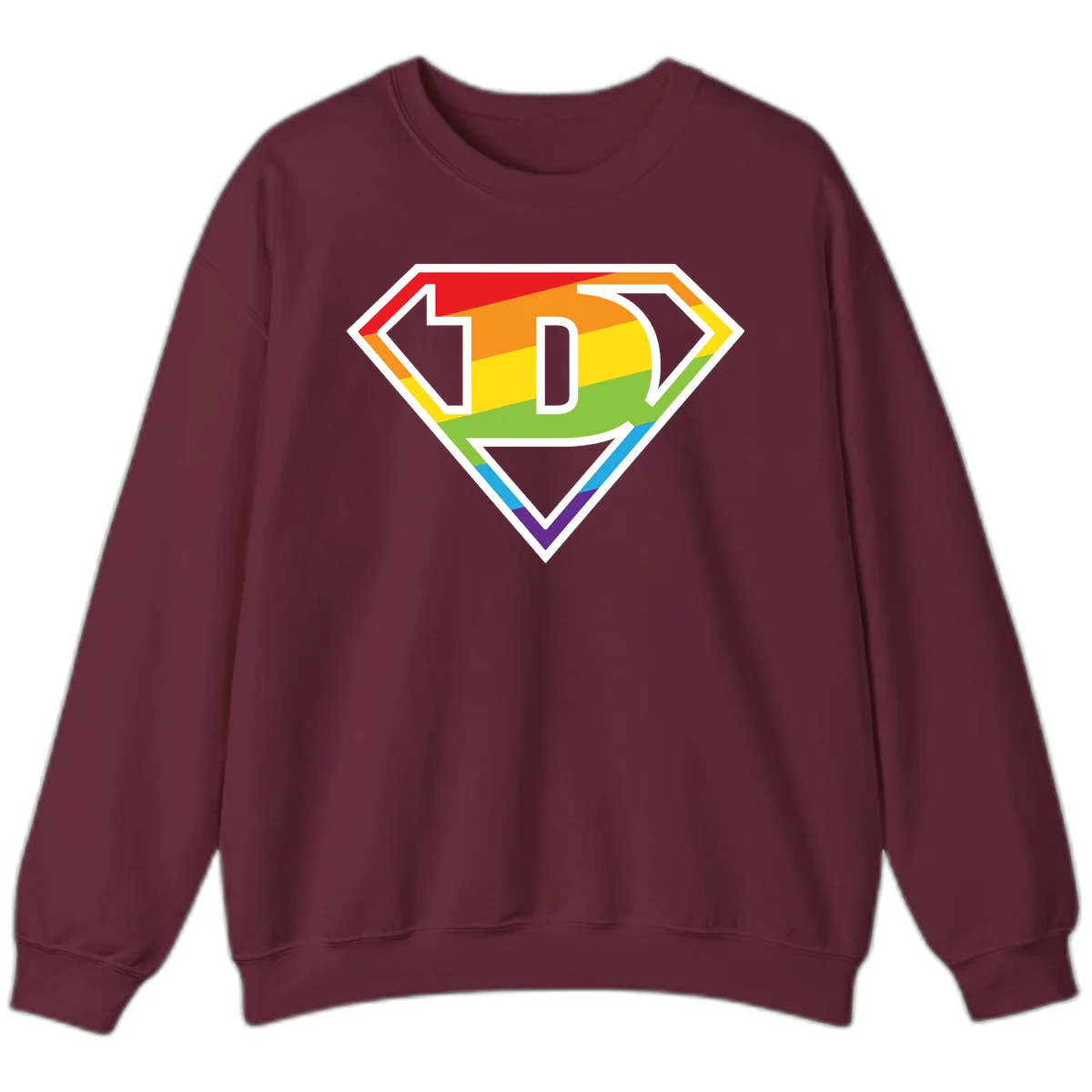 Rainbow pride shield with letter D centered, featuring red, orange, yellow, green, blue, and purple horizontal stripes with white chevron borders in Maroon