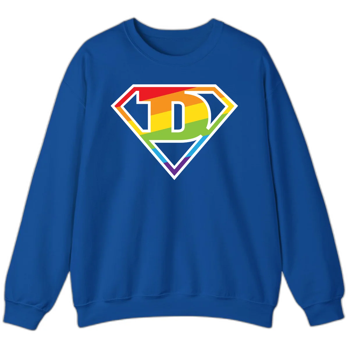 Rainbow pride shield with letter D centered, featuring red, orange, yellow, green, blue, and purple horizontal stripes with white chevron borders in Royal