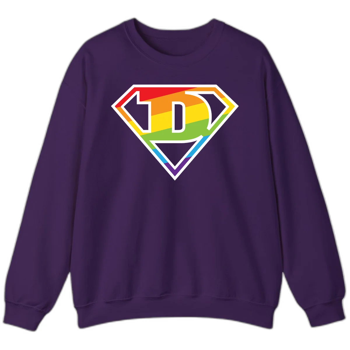 Rainbow pride shield with letter D centered, featuring red, orange, yellow, green, blue, and purple horizontal stripes with white chevron borders in Purple