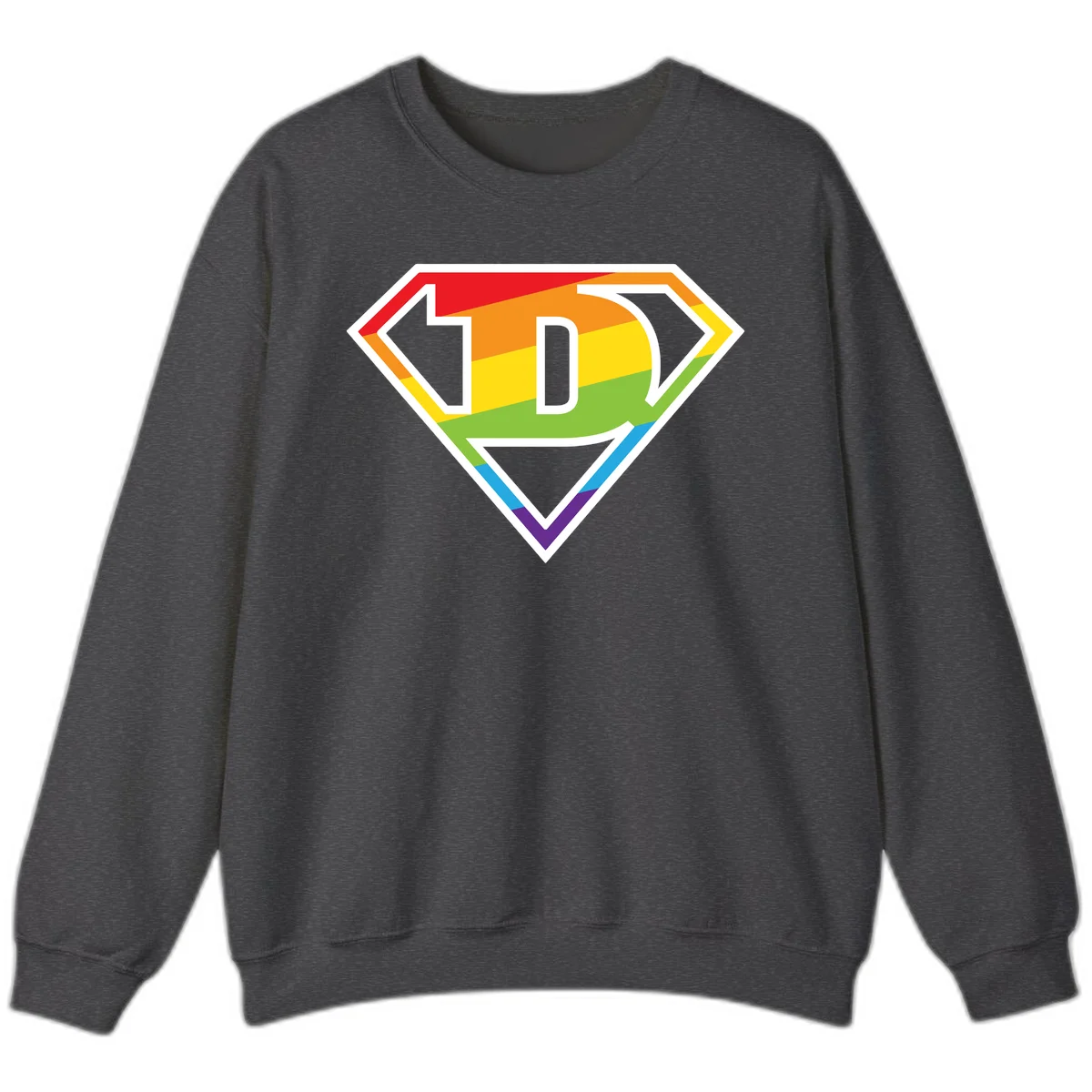 Rainbow pride shield with letter D centered, featuring red, orange, yellow, green, blue, and purple horizontal stripes with white chevron borders in Dark Heather