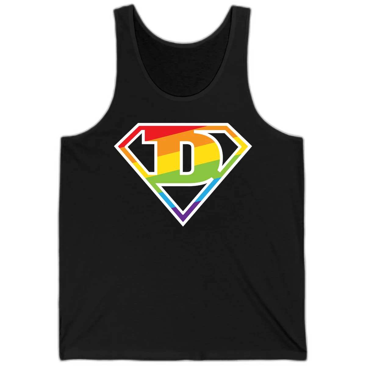 Rainbow pride shield with letter D centered, featuring red, orange, yellow, green, blue, and purple horizontal stripes with white chevron borders in Black