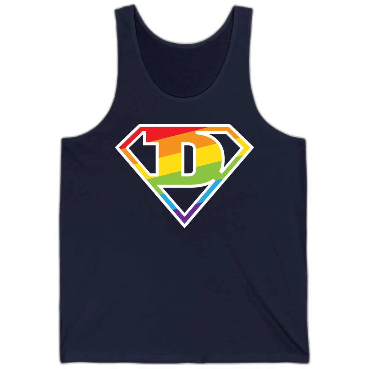 Rainbow pride shield with letter D centered, featuring red, orange, yellow, green, blue, and purple horizontal stripes with white chevron borders in Navy