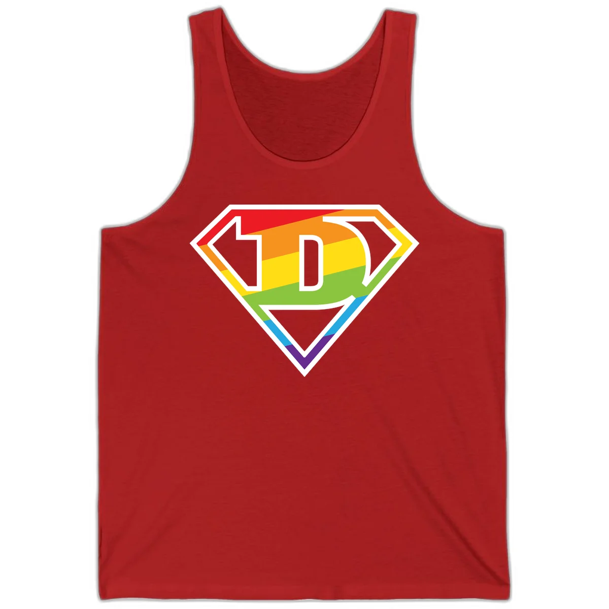 Rainbow pride shield with letter D centered, featuring red, orange, yellow, green, blue, and purple horizontal stripes with white chevron borders in Red