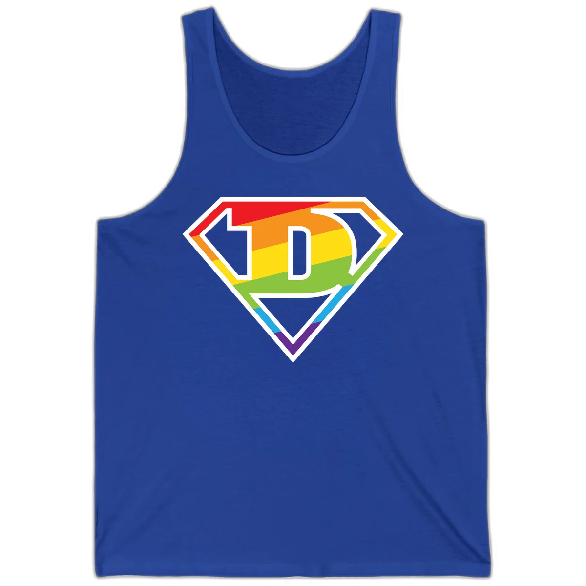 Rainbow pride shield with letter D centered, featuring red, orange, yellow, green, blue, and purple horizontal stripes with white chevron borders in True Royal