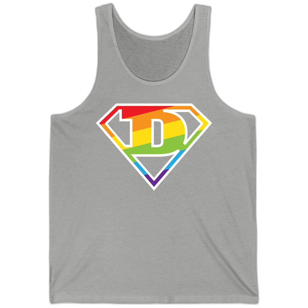 Rainbow pride shield with letter D centered, featuring red, orange, yellow, green, blue, and purple horizontal stripes with white chevron borders in Athletic Heather