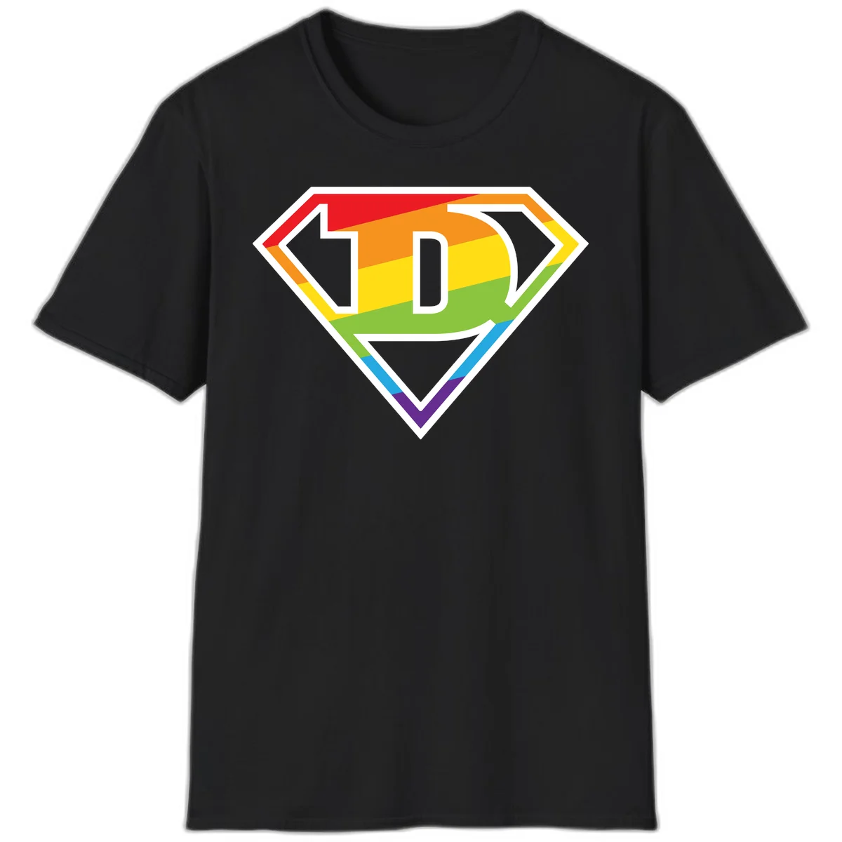 Rainbow pride shield with letter D centered, featuring red, orange, yellow, green, blue, and purple horizontal stripes with white chevron borders in Black