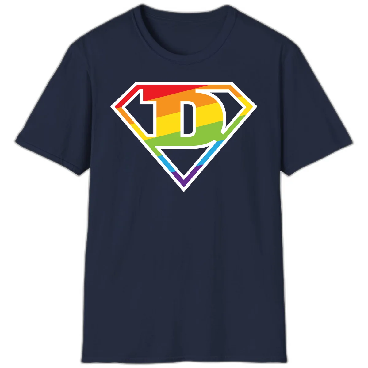 Rainbow pride shield with letter D centered, featuring red, orange, yellow, green, blue, and purple horizontal stripes with white chevron borders in Navy