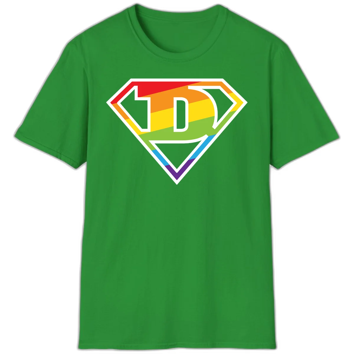 Rainbow pride shield with letter D centered, featuring red, orange, yellow, green, blue, and purple horizontal stripes with white chevron borders in Irish Green