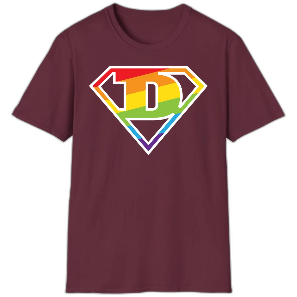 Rainbow pride shield with letter D centered, featuring red, orange, yellow, green, blue, and purple horizontal stripes with white chevron borders in Maroon
