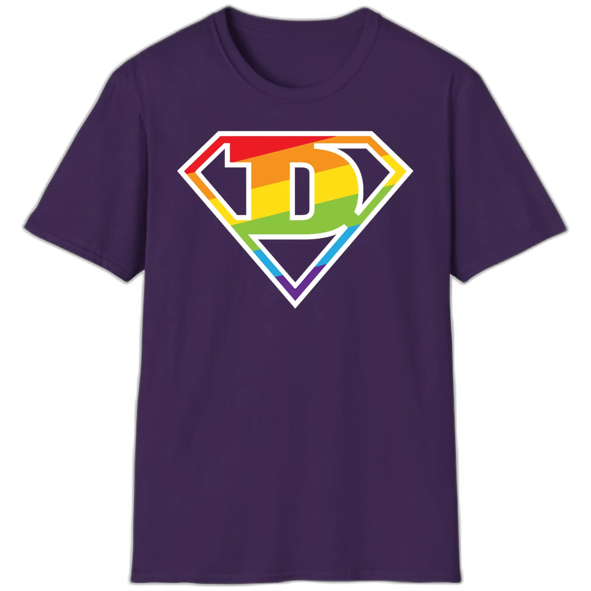 Rainbow pride shield with letter D centered, featuring red, orange, yellow, green, blue, and purple horizontal stripes with white chevron borders in Purple