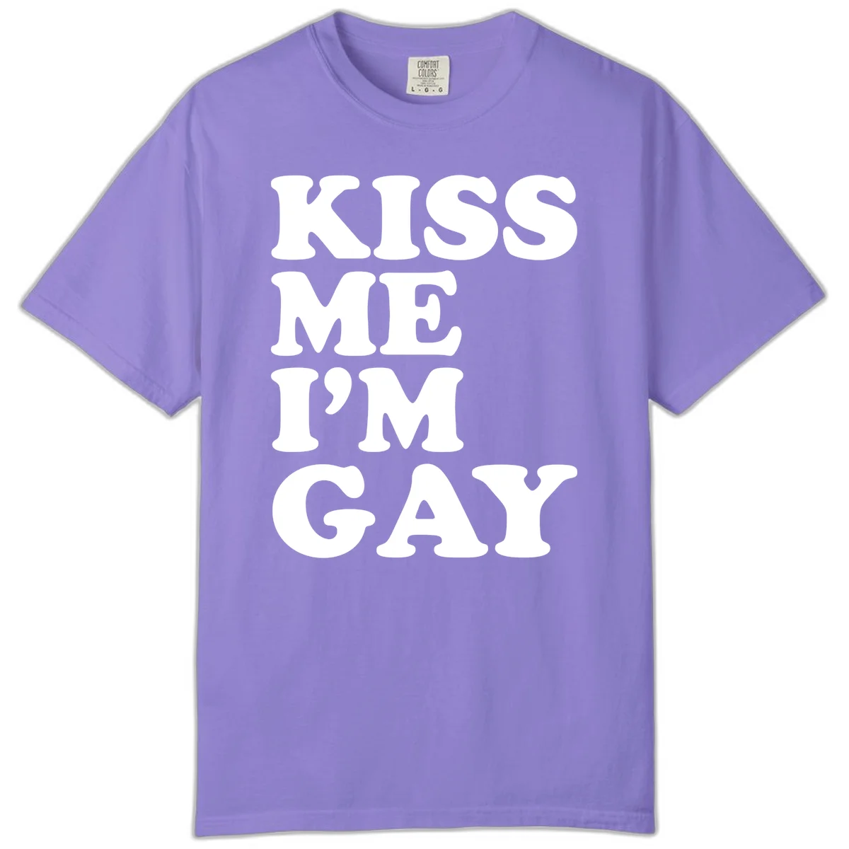 Bold white block letters spelling 'KISS ME I'M GAY' stacked vertically on gray background in Violet