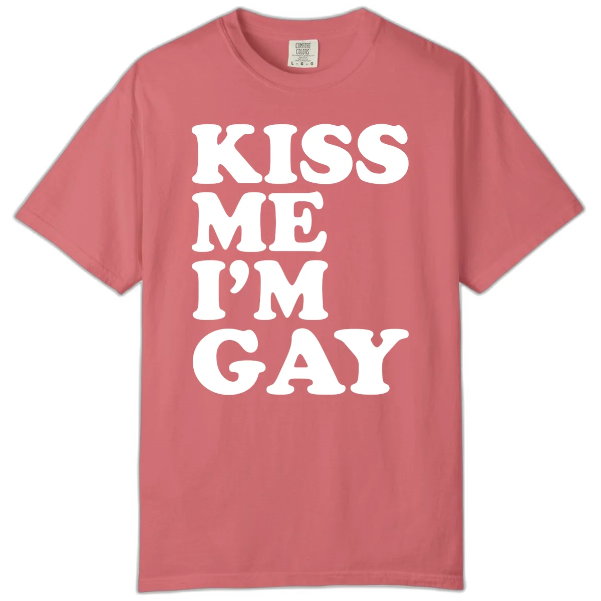 Bold white block letters spelling 'KISS ME I'M GAY' stacked vertically on gray background in Watermelon