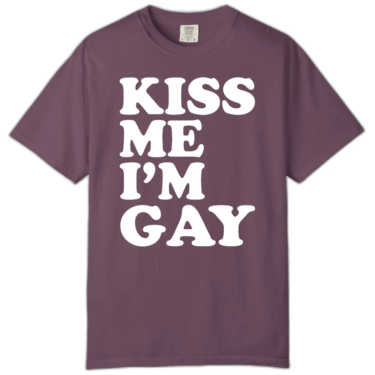 Bold white block letters spelling 'KISS ME I'M GAY' stacked vertically on gray background in Berry