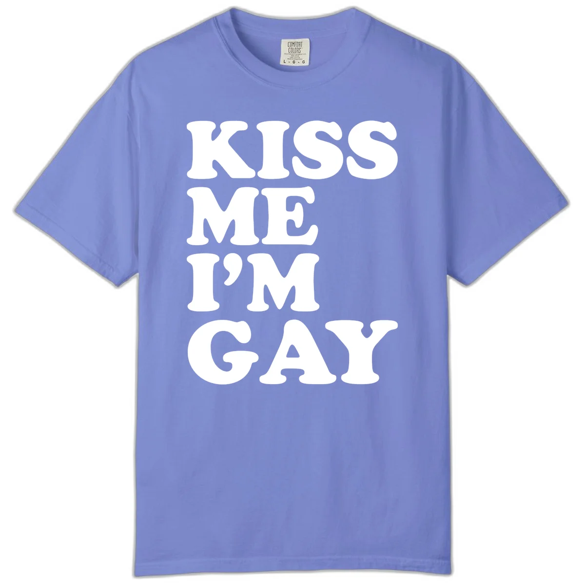 Bold white block letters spelling 'KISS ME I'M GAY' stacked vertically on gray background in Flo Blue
