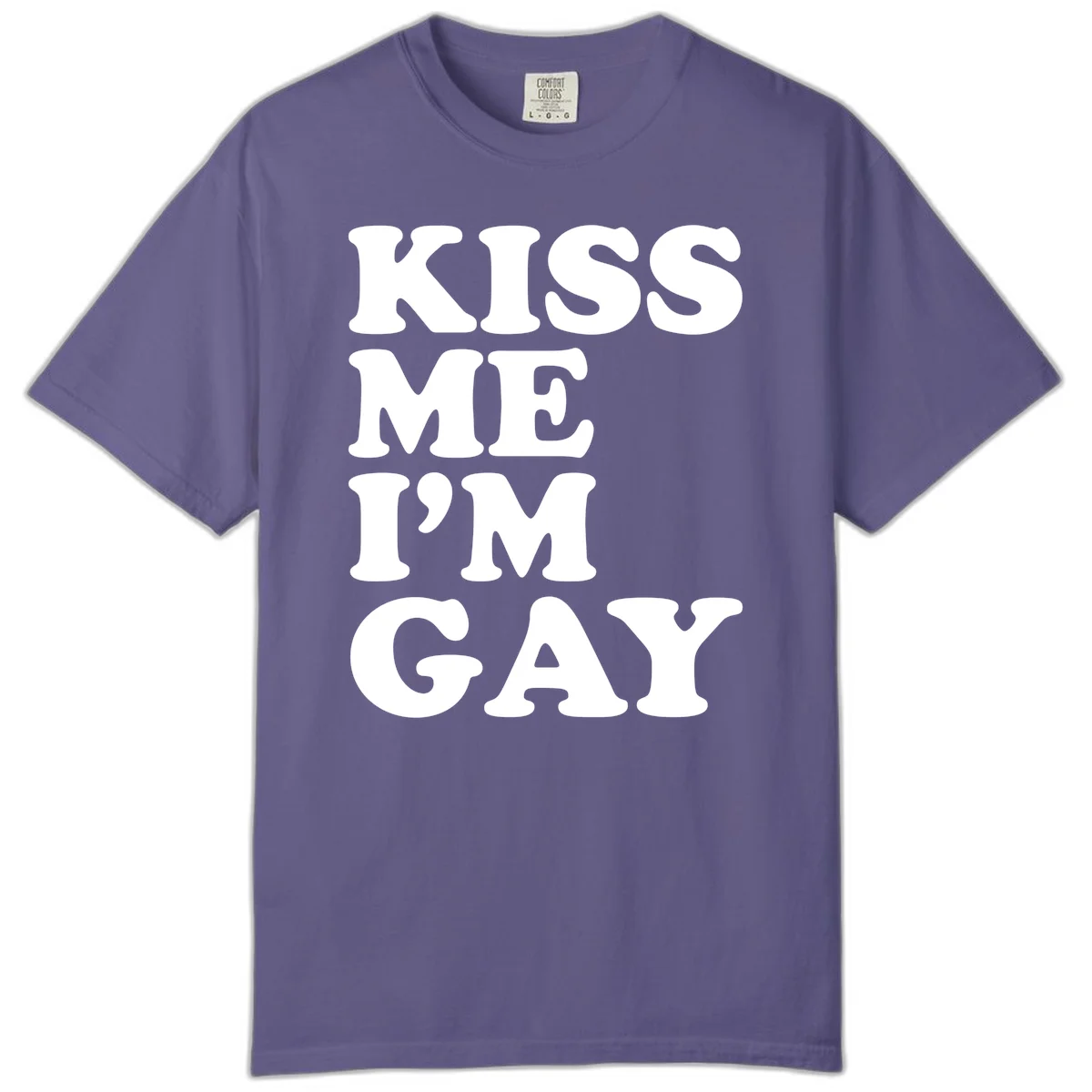 Bold white block letters spelling 'KISS ME I'M GAY' stacked vertically on gray background in Grape