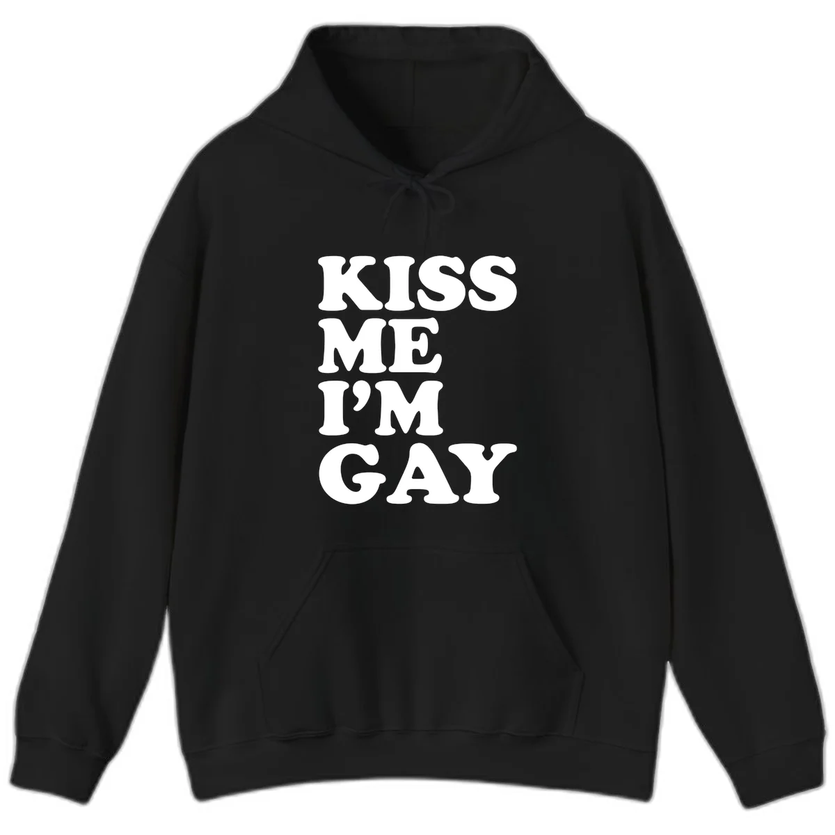 Bold white block letters spelling 'KISS ME I'M GAY' stacked vertically on gray background in Black