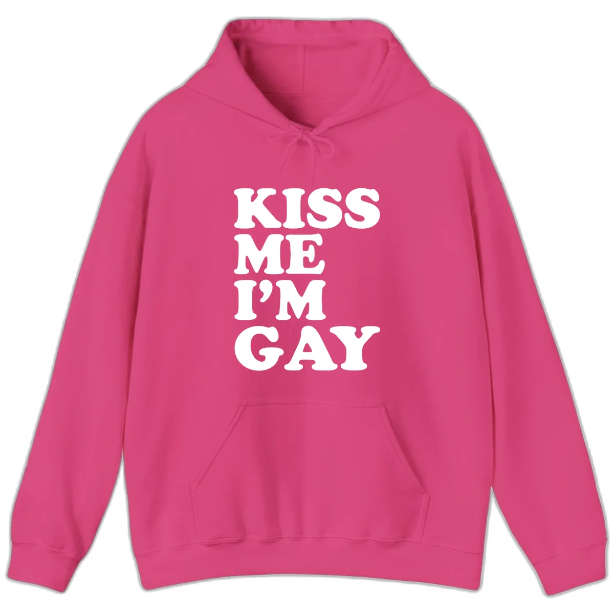 Bold white block letters spelling 'KISS ME I'M GAY' stacked vertically on gray background in Heliconia